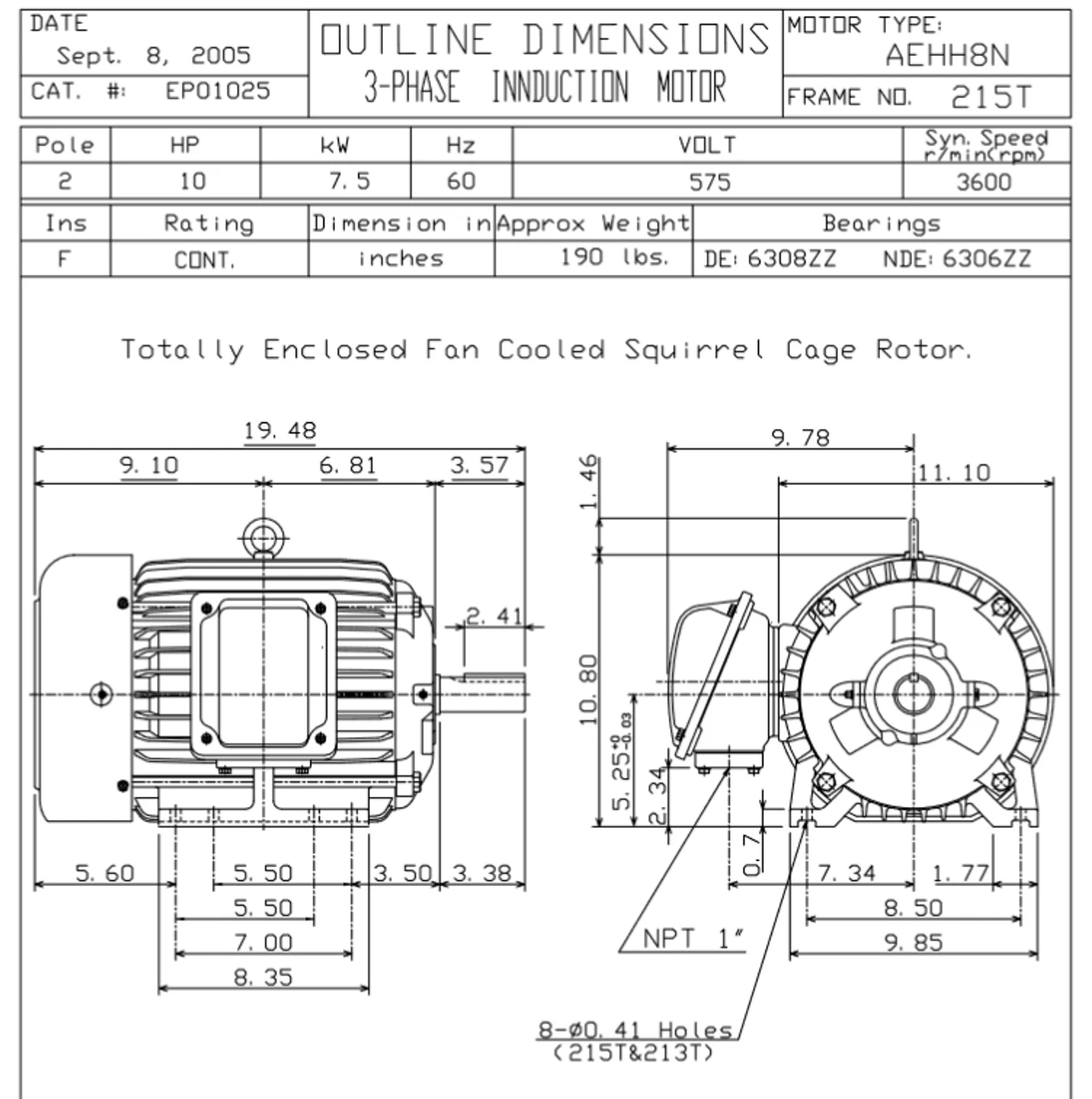 EP01025 TECO Westinghouse 10 Hp 3600 RPM 215T Cast Iron 575V TEFC Severe Duty 3-Phase Motor 2 EP01025 TECO Westinghouse 10 Hp 3600 RPM 215T Cast Iron 575V TEFC Severe Duty 3-Phase Motor - Image 2