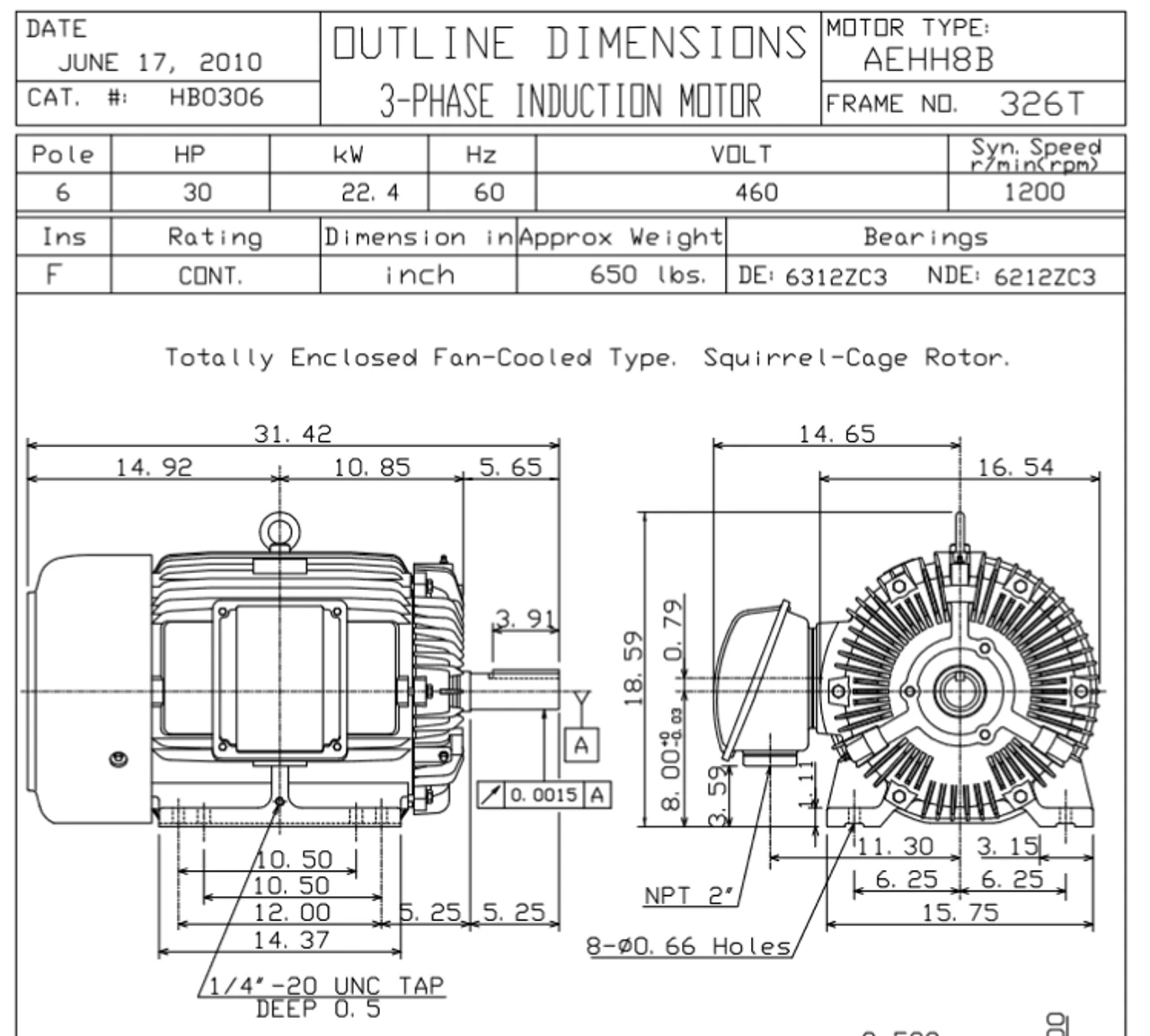 HB0306 TECO-Westinghouse 30 Hp 1200 RPM 326T 460V TEFC Severe Duty Petro-Chem 3-Ph Motor 2 HB0306 TECO-Westinghouse 30 Hp 1200 RPM 326T 460V TEFC Severe Duty Petro-Chem 3-Ph Motor - Image 2